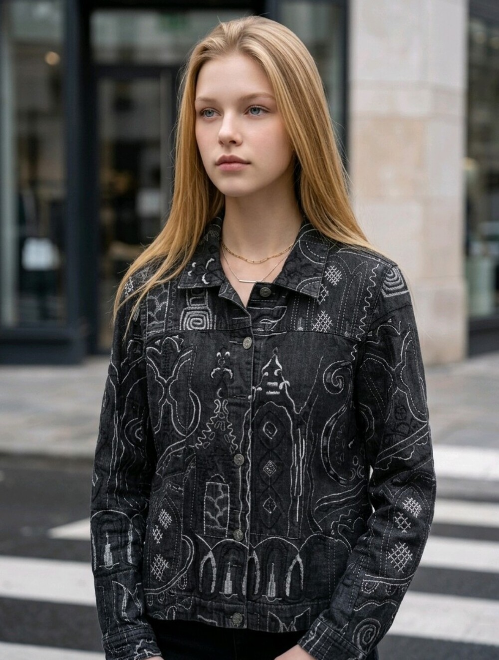 Laura Ashley Vintage Embroidered Black Jean Jacket. Size L